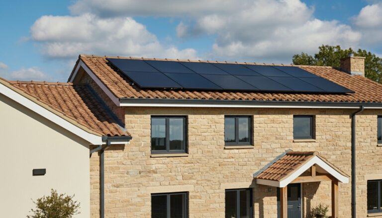 panneaux solaires full black installés sur le toit d'une maison en pierres