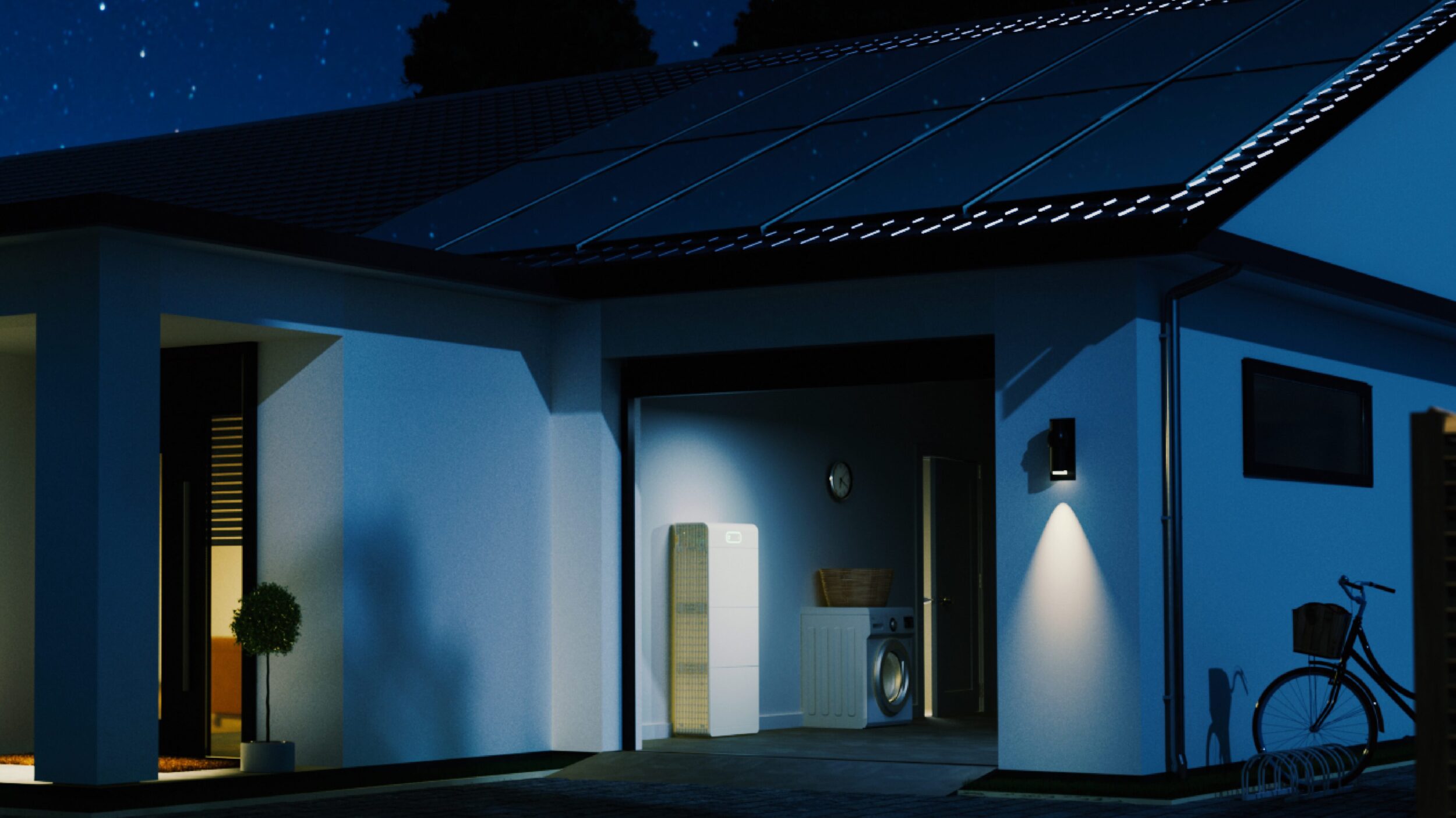 batterie solaire dans un garage avec panneaux solaires sur le toit, dans un environnement de nuit