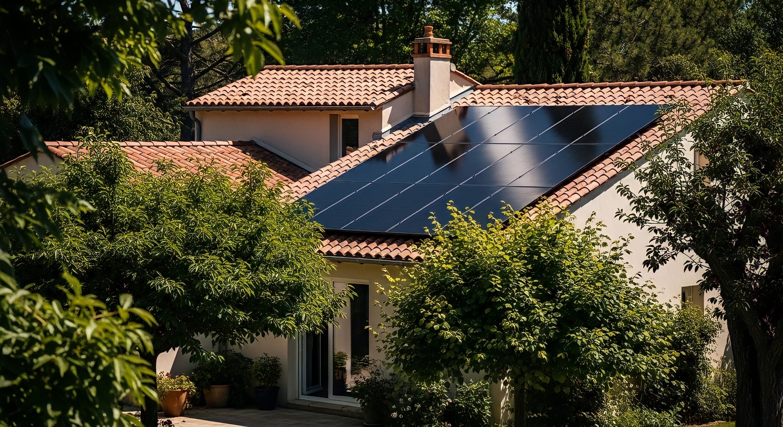 Maison avec une installation de panneaux photovoltaïques sur le toit