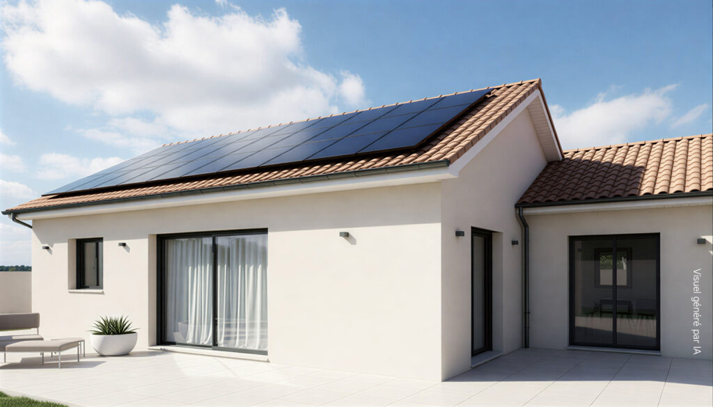 Villa avec une installation de panneaux photovoltaïques sur le toit