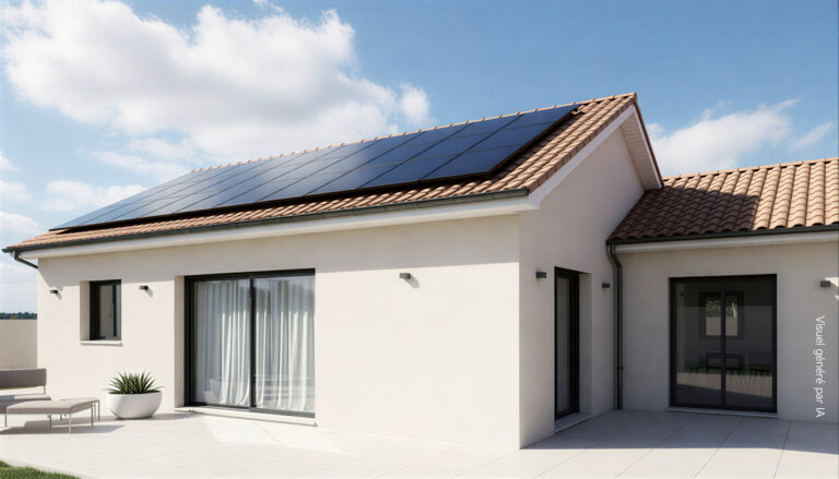 Villa avec une installation de panneaux photovoltaïques sur le toit